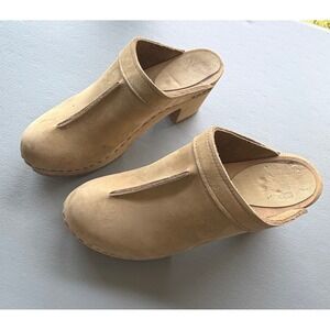 Sven Original Tan Nubuck Leather Wooden Clogs Mules Vollsjo Sole Sweden Heel 39